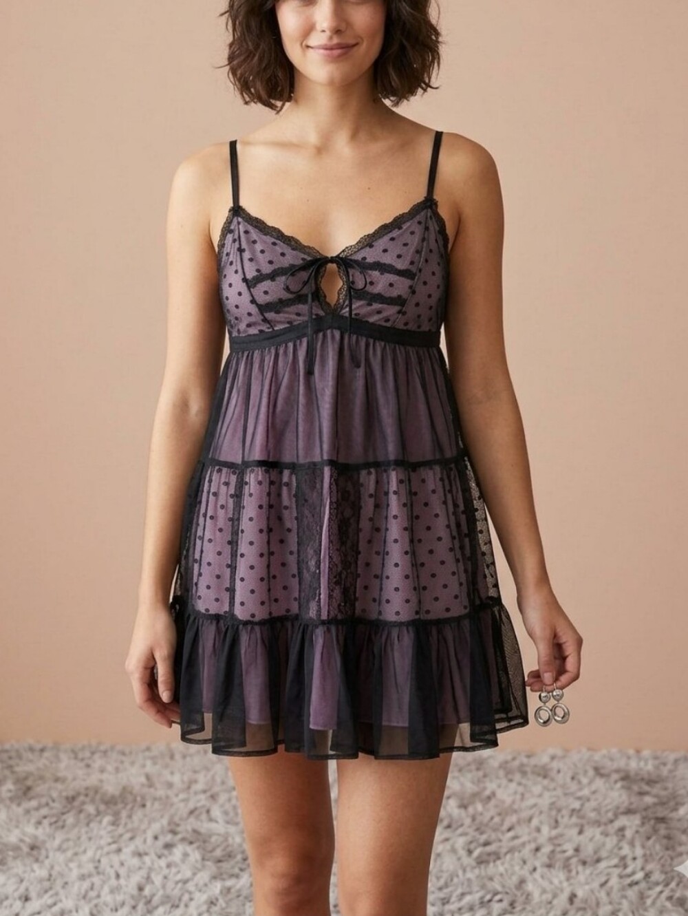 Betsey Johnson-Black Sheer Mesh Overlay Polka Dot Babydoll-Size Small